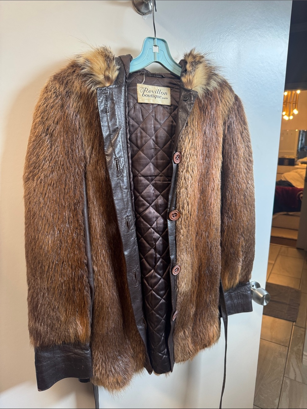 Women's Brown Fur Jacket with Leather Trim